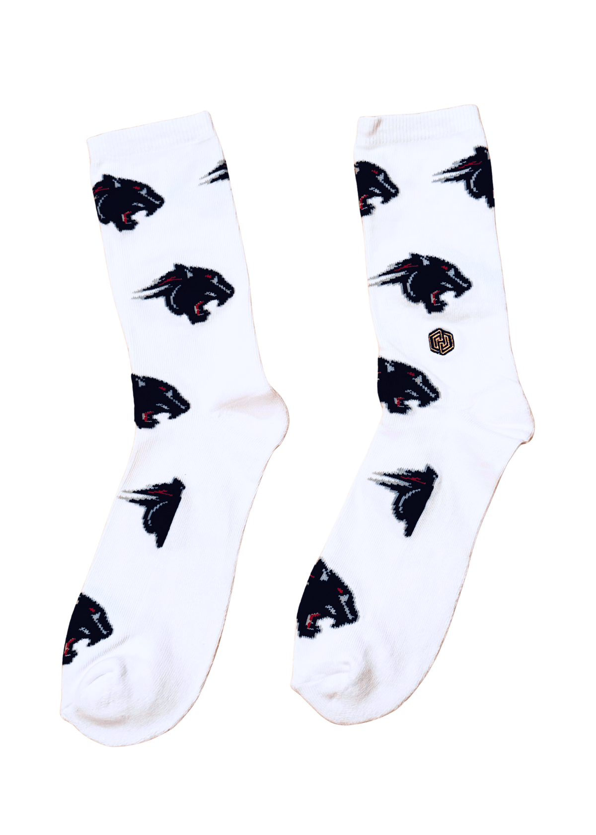 White socks with black panther pattern on a white background