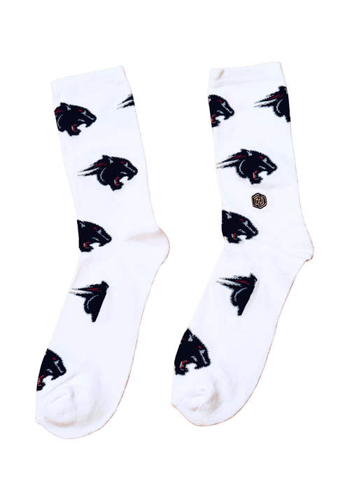 White socks with black panther pattern on a white background
